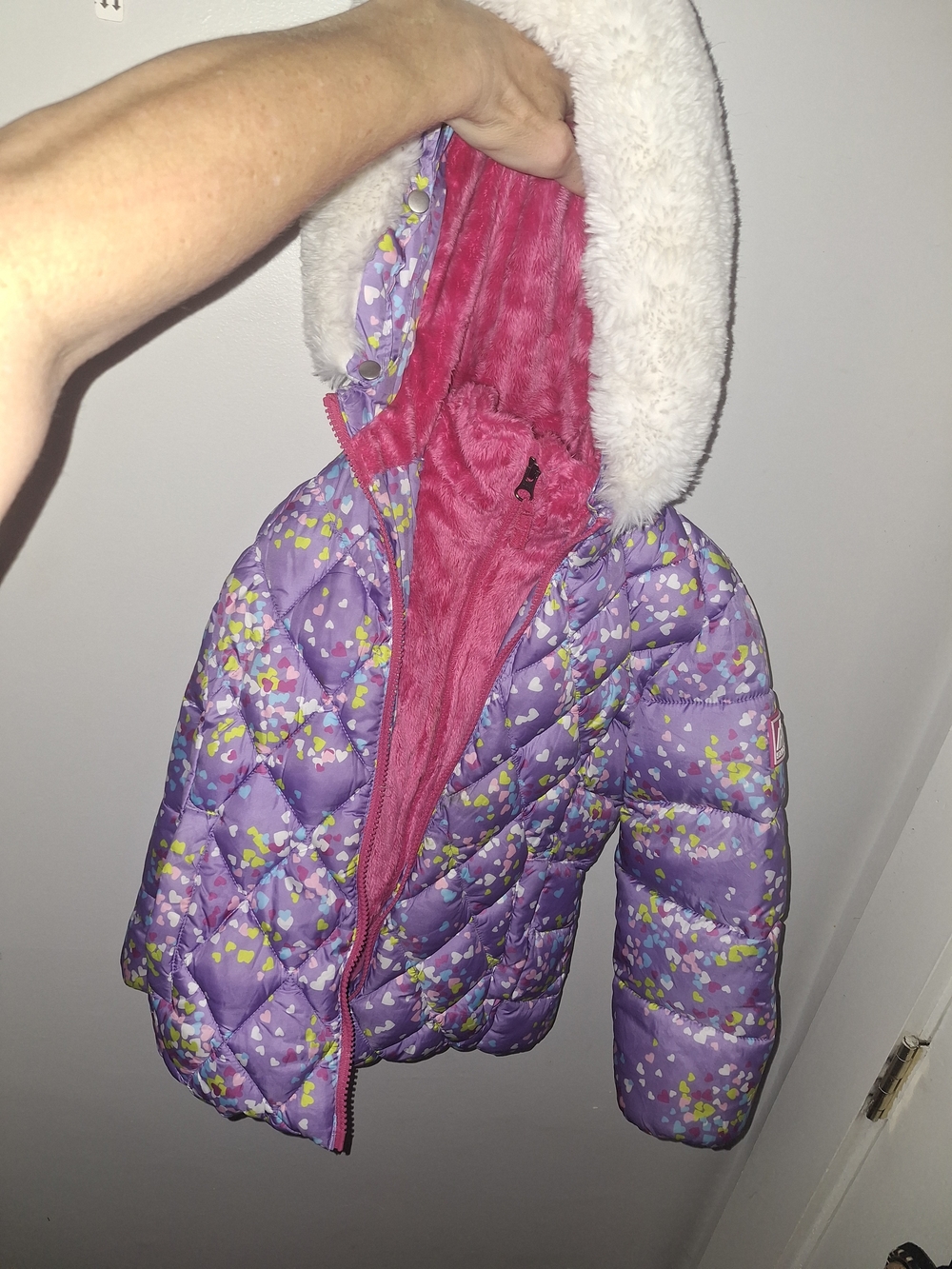 Girls' Purple Heart-Print Quilted Hooded Jacket with Faux-Fur Trim